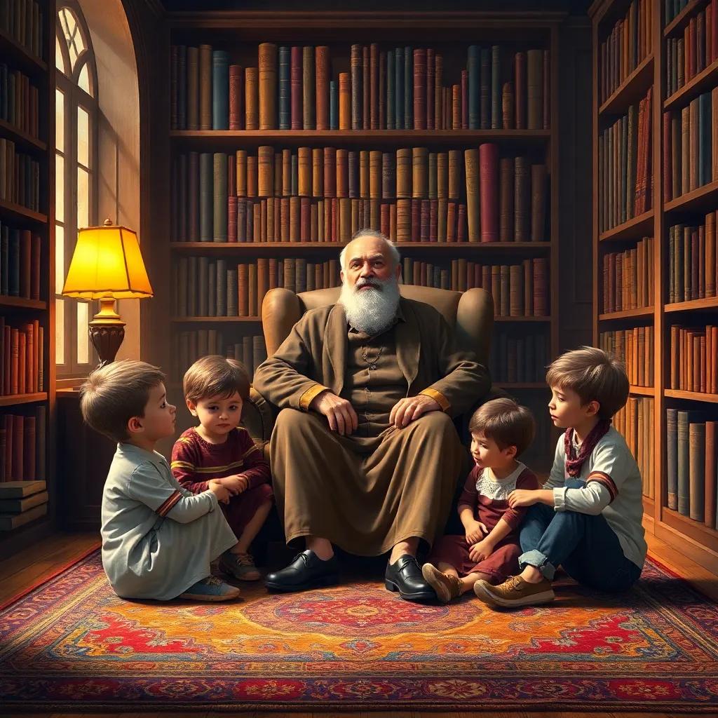 In a warm library filled with old and new books, a wise grandfather, Amin, sits on a comfortable chair surrounded by his three grandchildren on a large rug, digital art, cozy atmosphere, warm colors, inviting scene, high quality