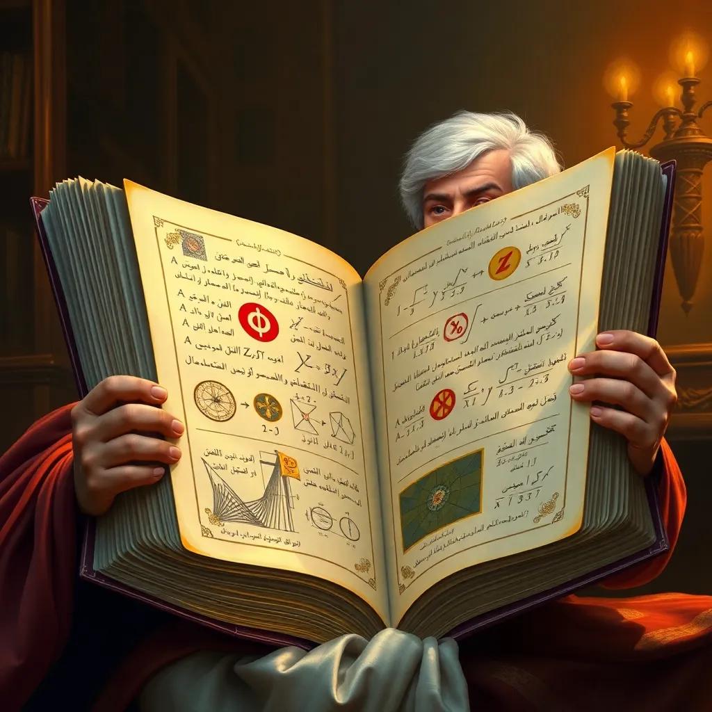 A large, thick book opened by grandfather Amin, with images of mathematical symbols and equations on the pages, colorful illustrations, educational theme, warm lighting, engaging atmosphere, high quality
