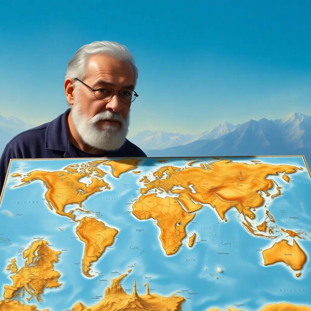 An intricate map of the world in front of grandfather Amin, showing mountains, rivers, and cities with a clear blue sky as a backdrop, detailed artwork, educational, engaging, warm light, high quality