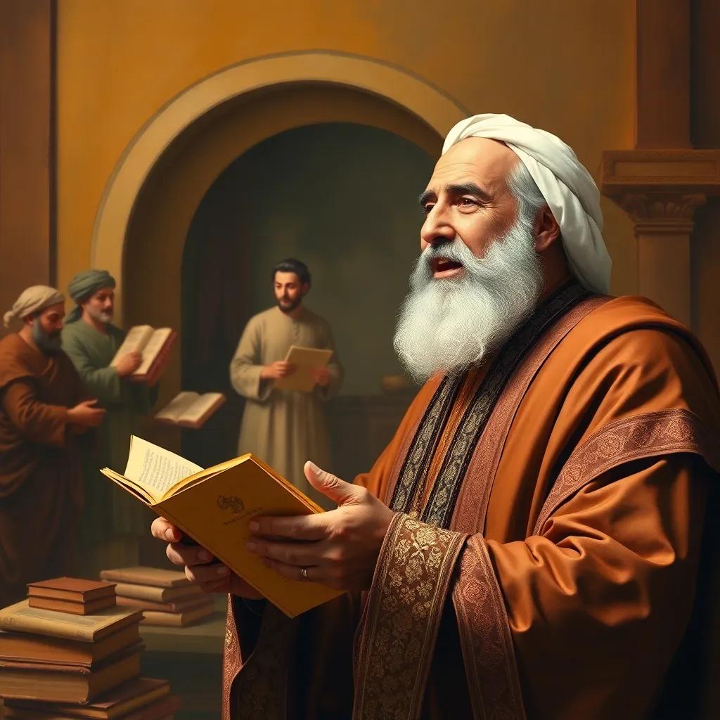 Grandfather Amin passionately narrating the achievements of Al-Khwarizmi with images of ancient scholars exchanging books in the background, educational theme, warm colors, inviting atmosphere, high quality