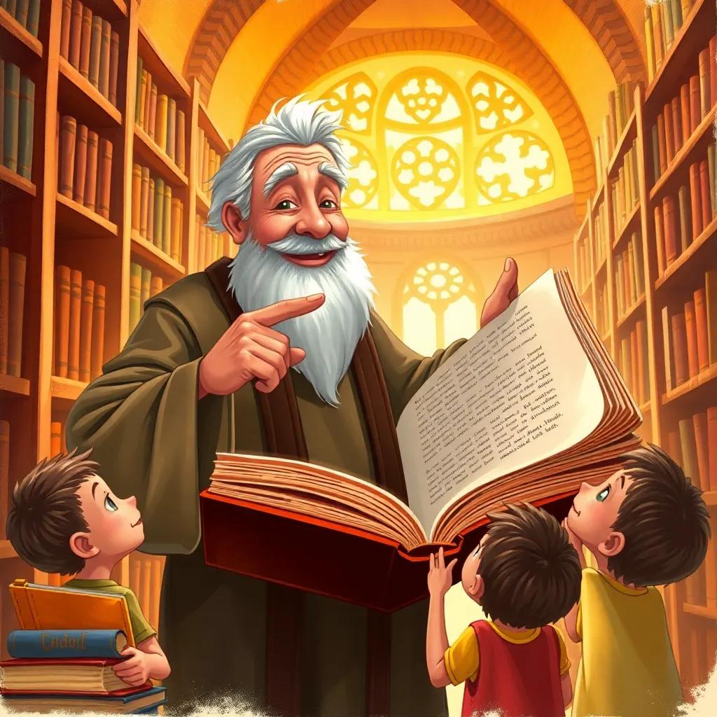 A large thick book opens up in the warm library, an elderly man, Amin, points at the pages with a gleaming smile, children looking on with wonder and curiosity, illustrating knowledge sharing, warm colors, digital painting, detailed and engaging background