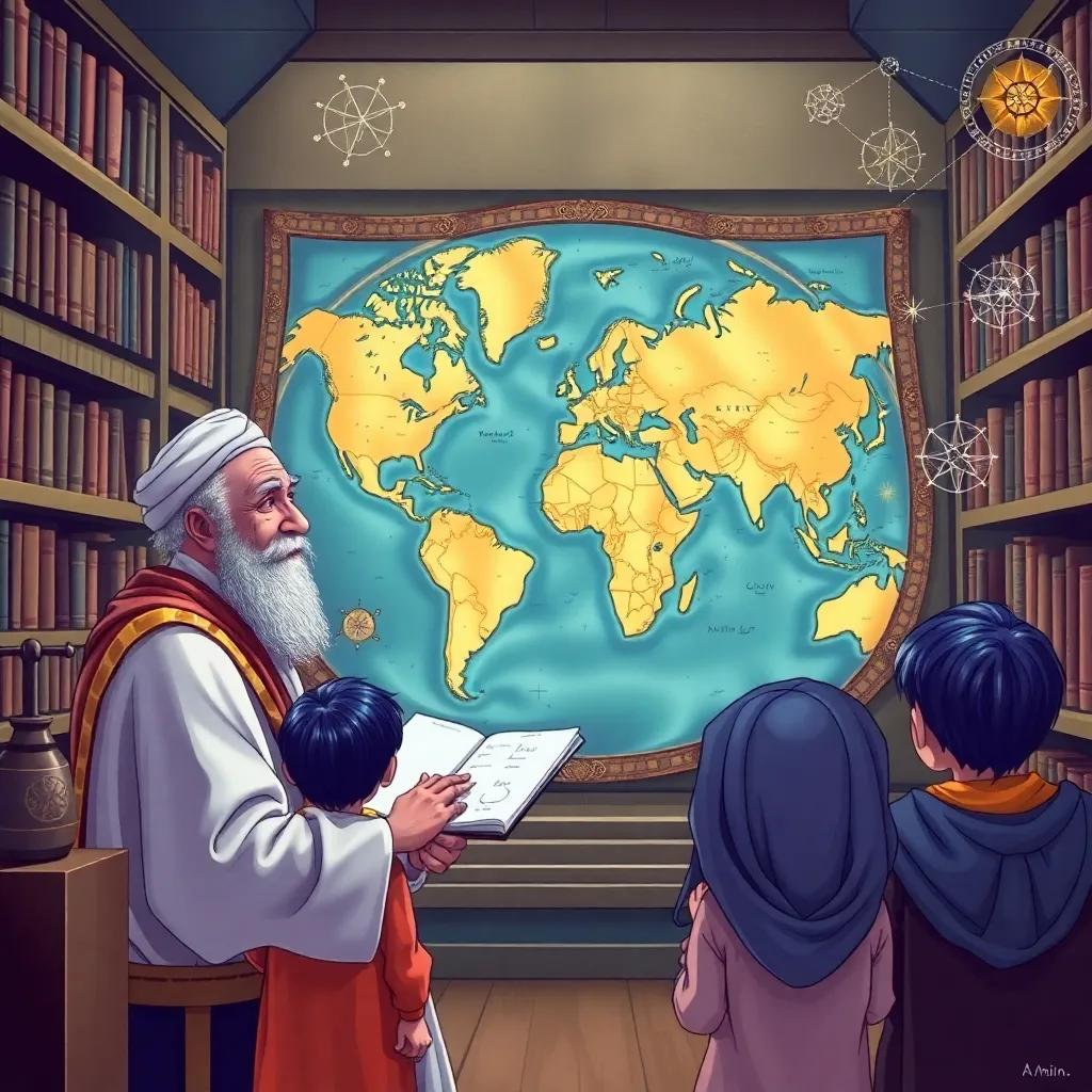 An ancient world map is showcased in the library, an elderly man, Amin, describes the greatness of Al-Khwarizmi to the children, with elements of mathematics and celestial stars illustrated around, bright colors, educational scene, digital art, highly detailed