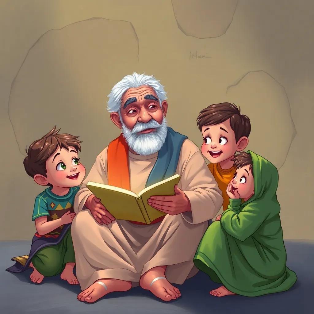 The elderly man, Amin, sits with his grandchildren, animatedly explaining the contributions of Al-Khwarizmi, vibrant expressions of curiosity and amazement on their faces, rich colors, storytelling atmosphere, digital art, high quality