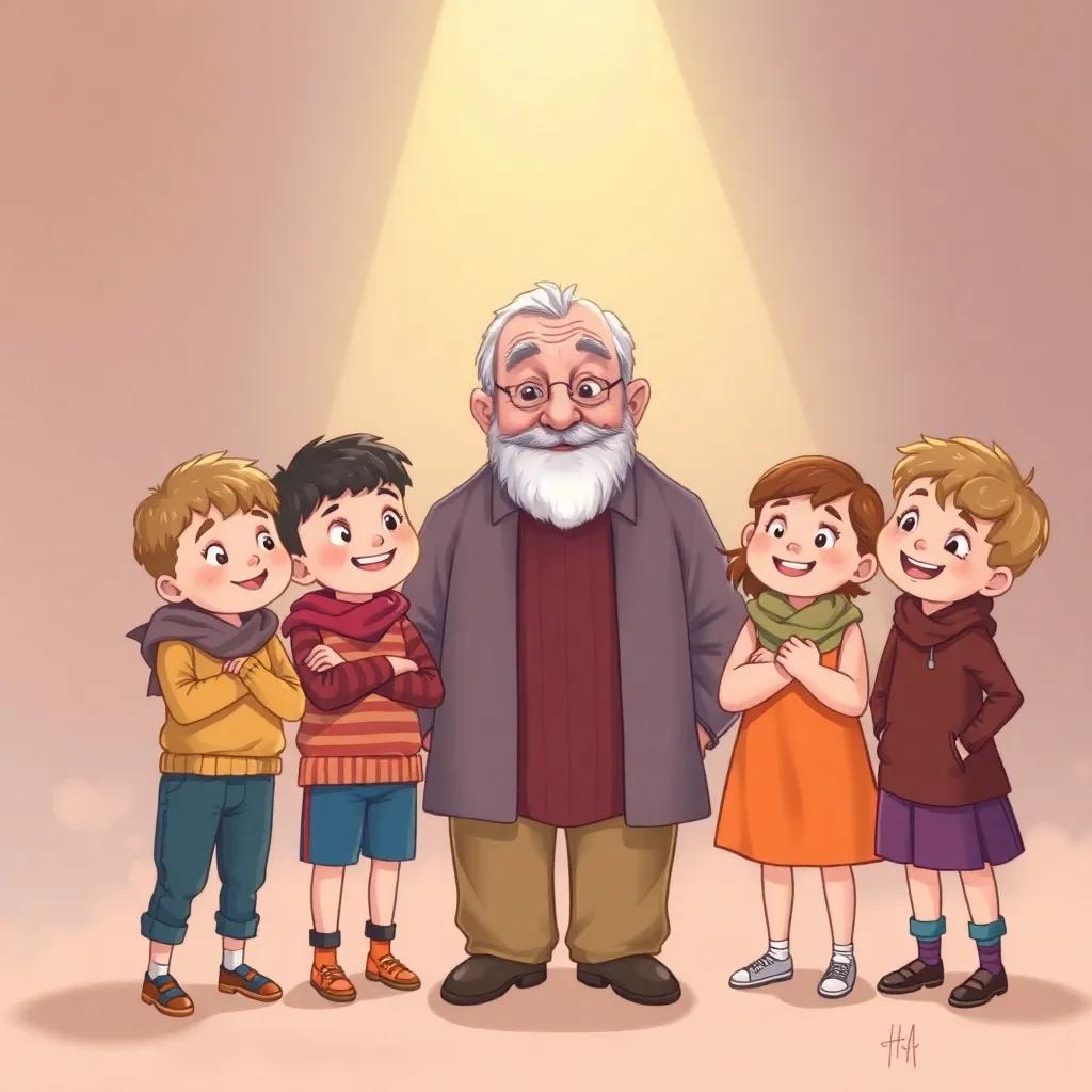 Four children stand around their grandfather, smiling and filled with wonder, as they engage in discussions about knowledge and learning, gentle light illuminating their excited faces, warm tones, digital illustration, inviting and heartwarming scene