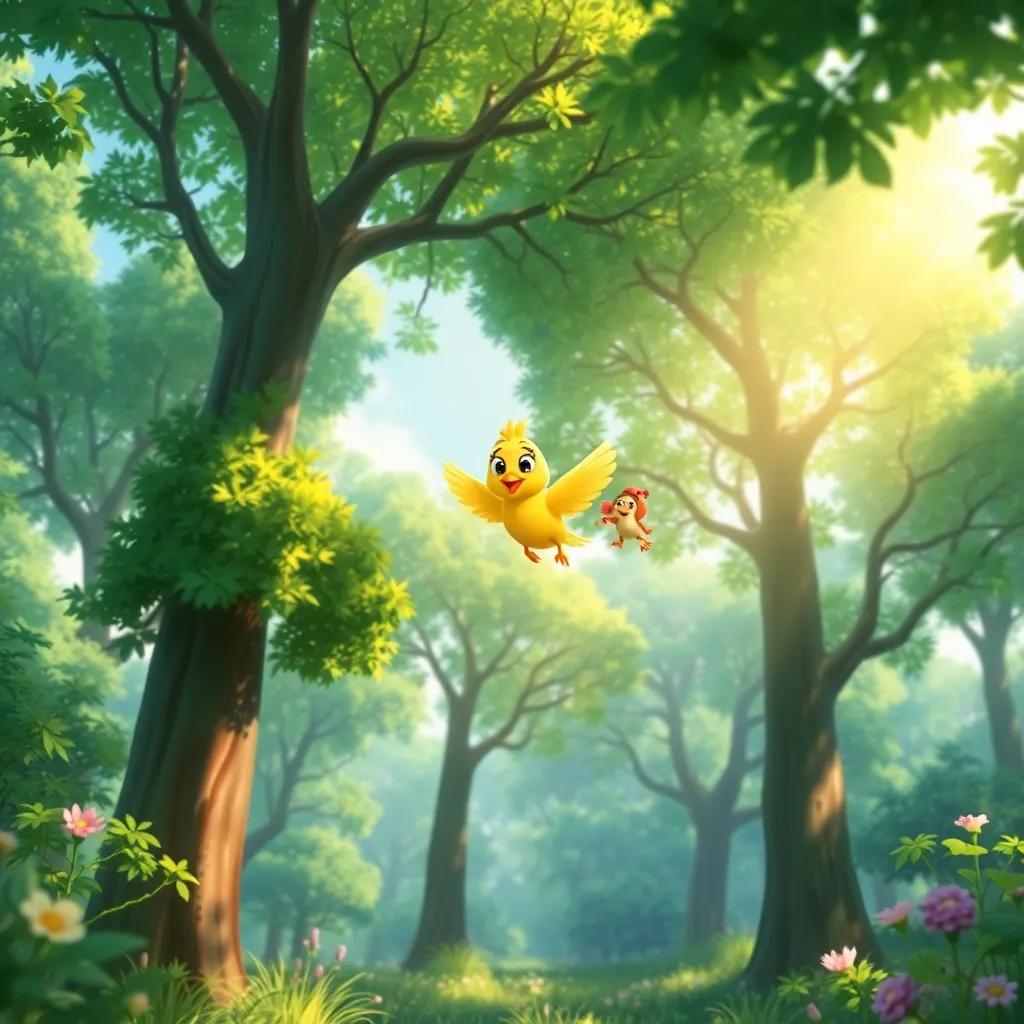 A beautiful forest with green trees and sunlight, a small bright bird, Toto, flying happily with friends, digital painting, colorful, cheerful atmosphere, child-friendly
