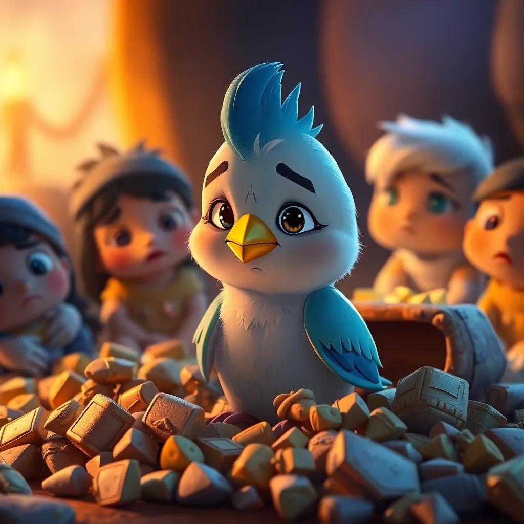 A small bird, Toto, looking regretful surrounded by treasure, friends in the background with sad faces, warm and soft light, illustration, emotional, uplifting mood