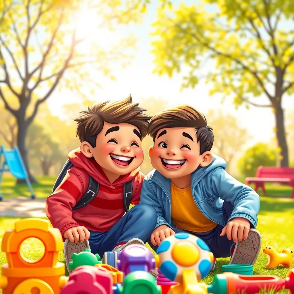 Two friends, Sami and Rashid, playing together on a sunny day in a bright park, smiling and laughing with colorful toys around them, illustration, cheerful, vibrant colors, child-friendly