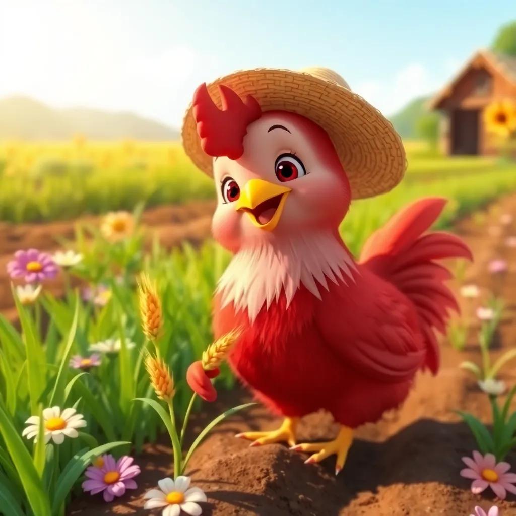 A small red hen, cheerful and determined, planting wheat in a sunny farm field, wearing a straw hat, surrounded by green grass and flowers, digital art, vibrant colors, warm atmosphere, high quality