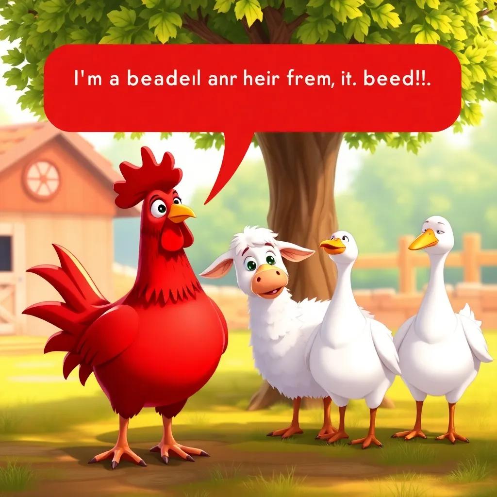 The red hen asking her friends for help, a cow, a sheep, and a goose, standing lazily under a tree, looking uninterested, cartoon style, colorful farm background, sunny day, friendly vibe