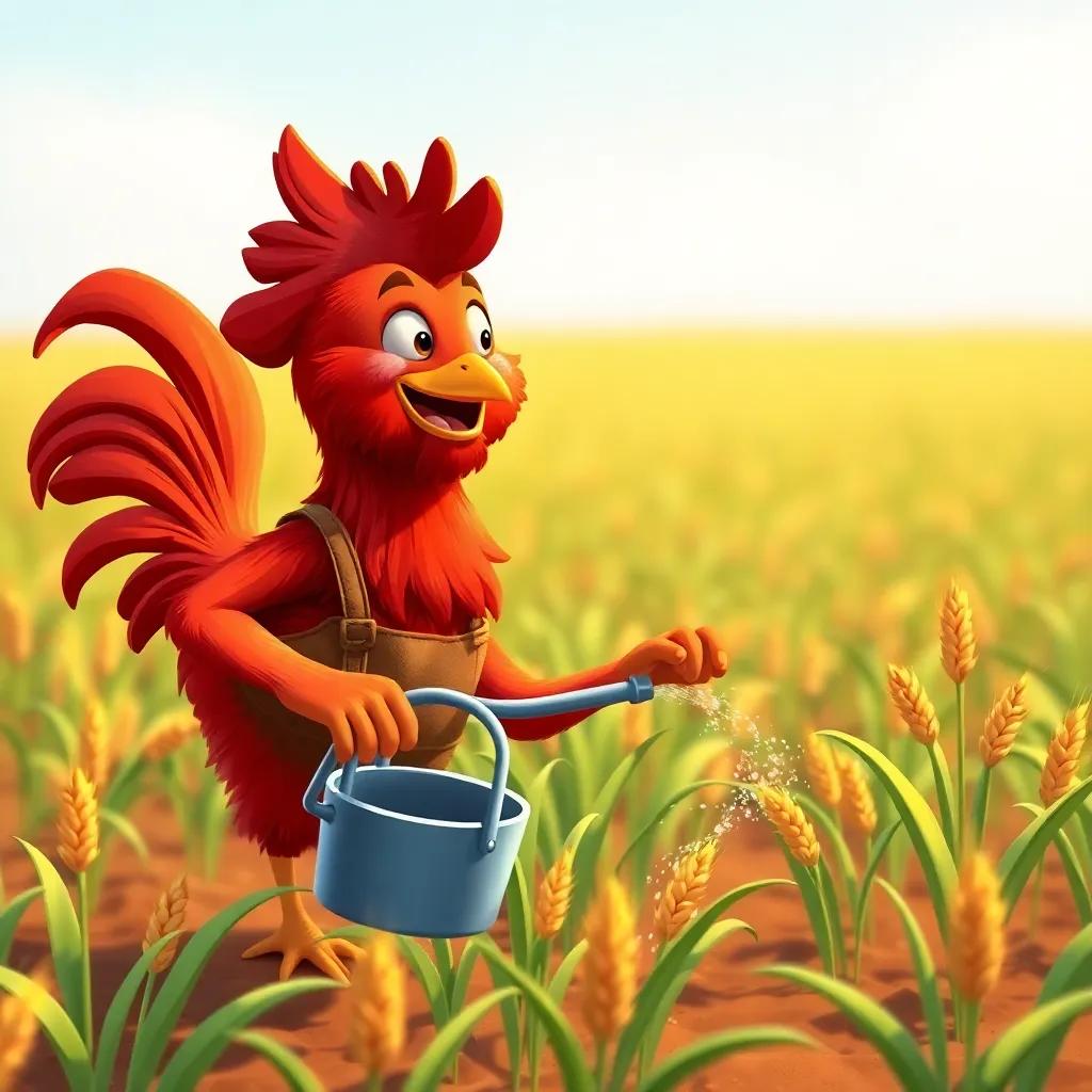 The red hen working hard alone in the field, watering the wheat plants, humming happily to herself, bright colors, cheerful expressions on her face, digital art