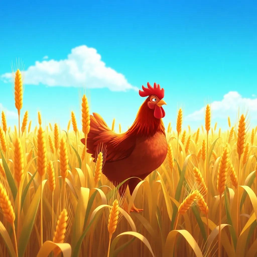 Golden wheat plants growing tall in the field, the red hen looking proud beside them, blue sky above, warm sunlight illuminating the scene, illustration, inviting atmosphere