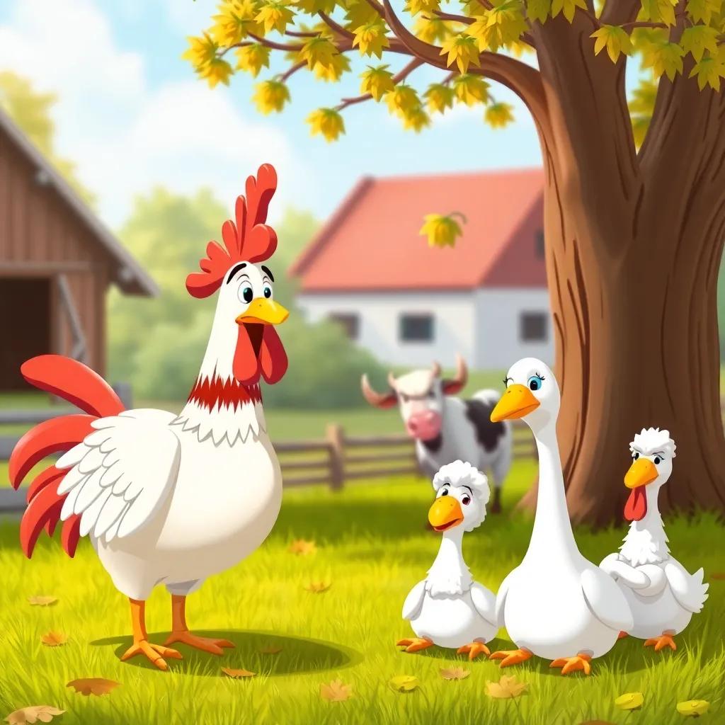 The hen calling her friends for help during the harvest, with a determined expression, the cow, sheep, and goose sitting tired under the tree, colorful farm view, playful, engaging