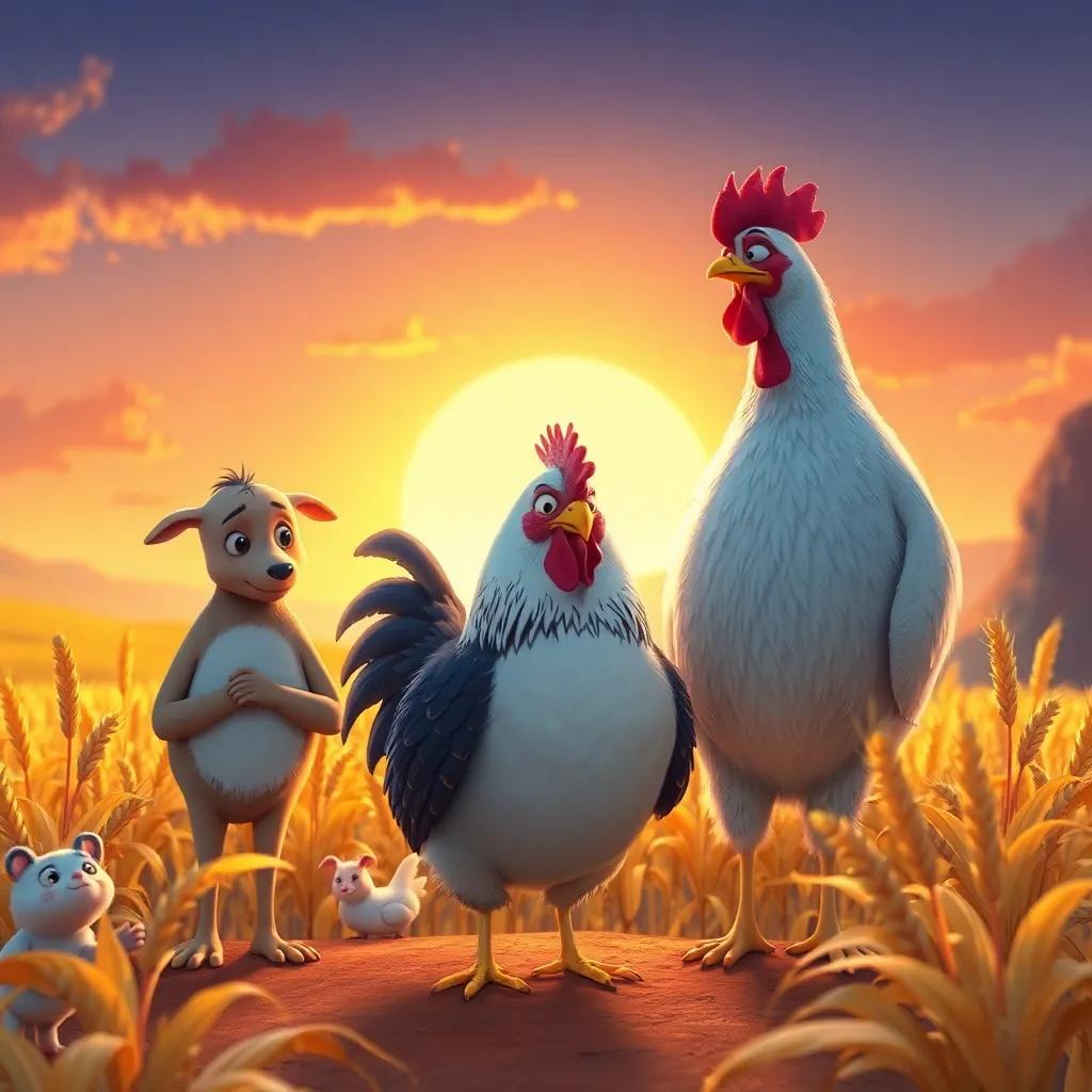 The animals asking for forgiveness, looking sad and ashamed, the hen standing firm, golden wheat ready to harvest, beautiful sunset backdrop, warm colors, inspiring atmosphere