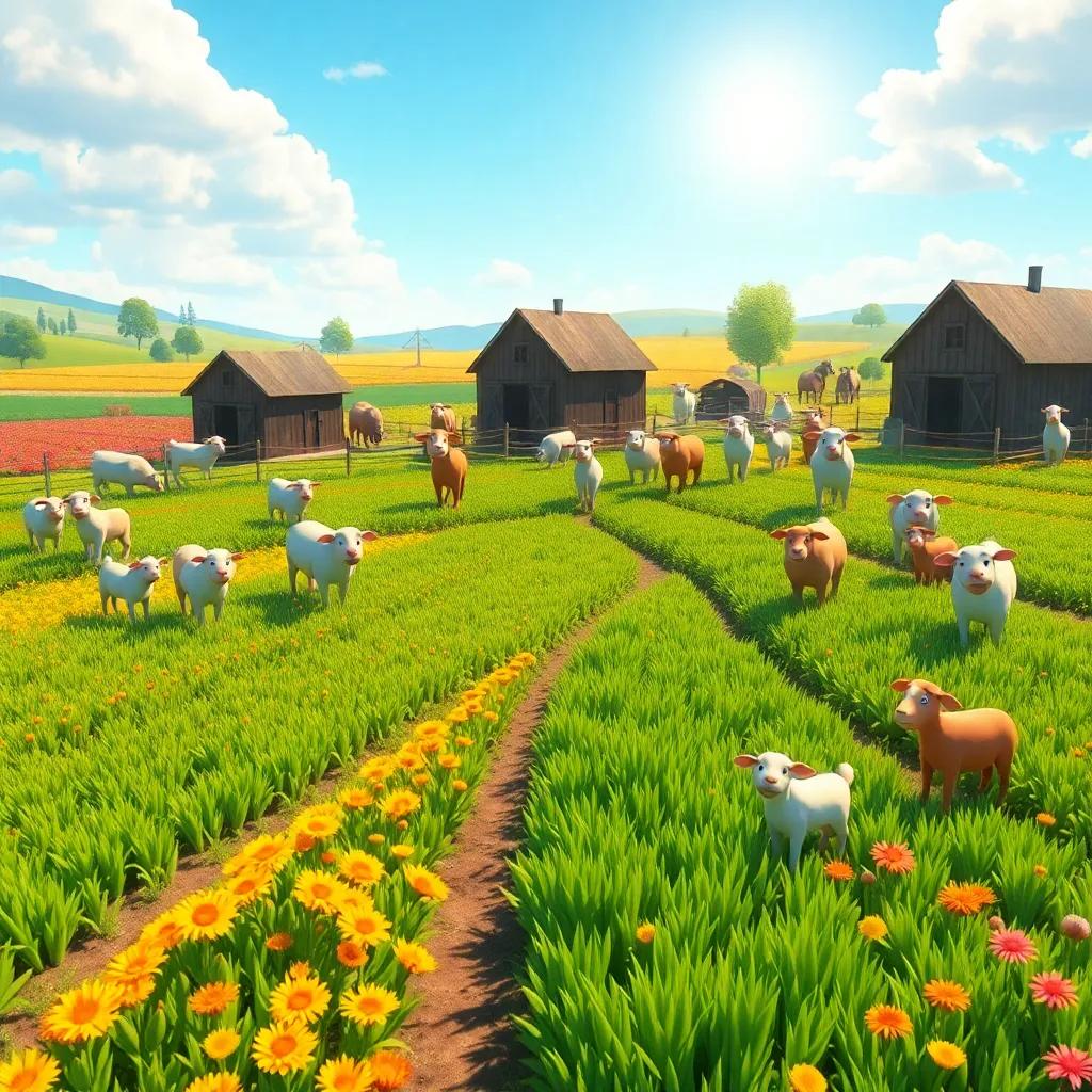 A scene of the farm with all the animals working together, colorful crops in the fields, blue sky, and sun shining, digital art, friendly and inclusive atmosphere