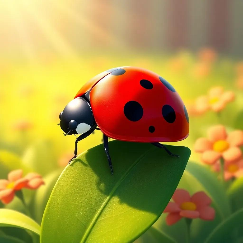 A ladybug, a beautiful insect with red wings covered in black spots, sitting on a green leaf in a small garden, warm sunlight shining down, illustration, cheerful, vibrant colors, inviting atmosphere, high quality