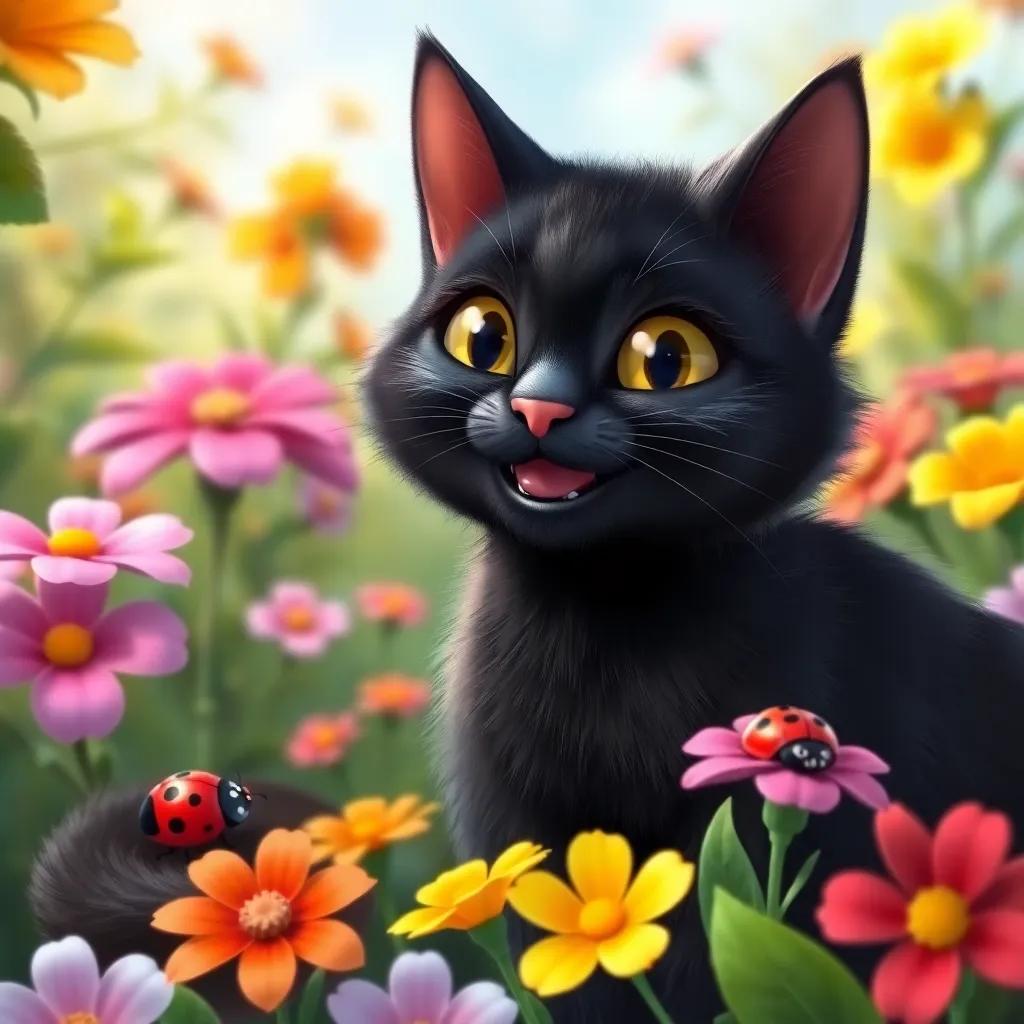 A handsome black cat, with shiny fur, sitting next to the ladybug, surrounded by colorful flowers in the garden, friendly smile, digital art, bright colors, warm and welcoming, high quality