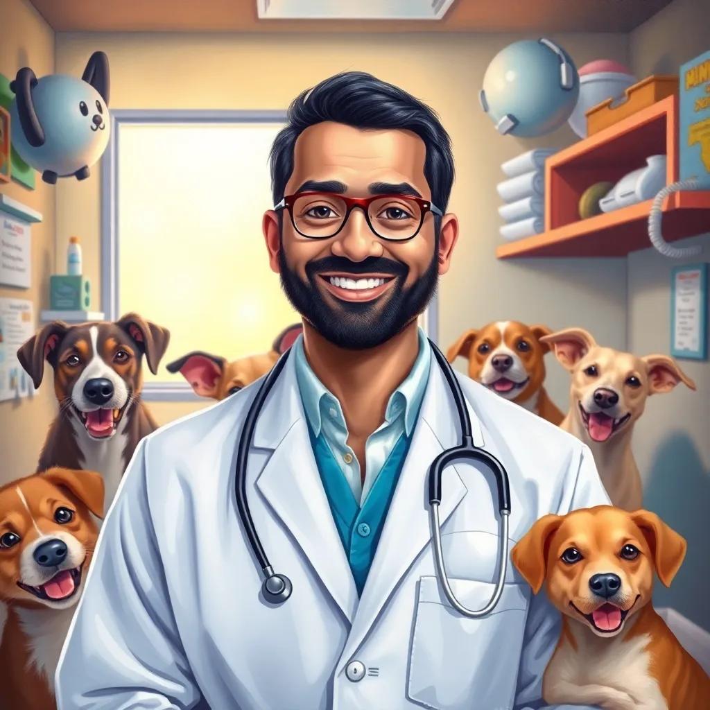A kind veterinarian named Walid, smiling and wearing a lab coat, surrounded by happy animals in a small clinic, warm and inviting atmosphere, bright colors, cheerful setting, child-friendly art, high quality