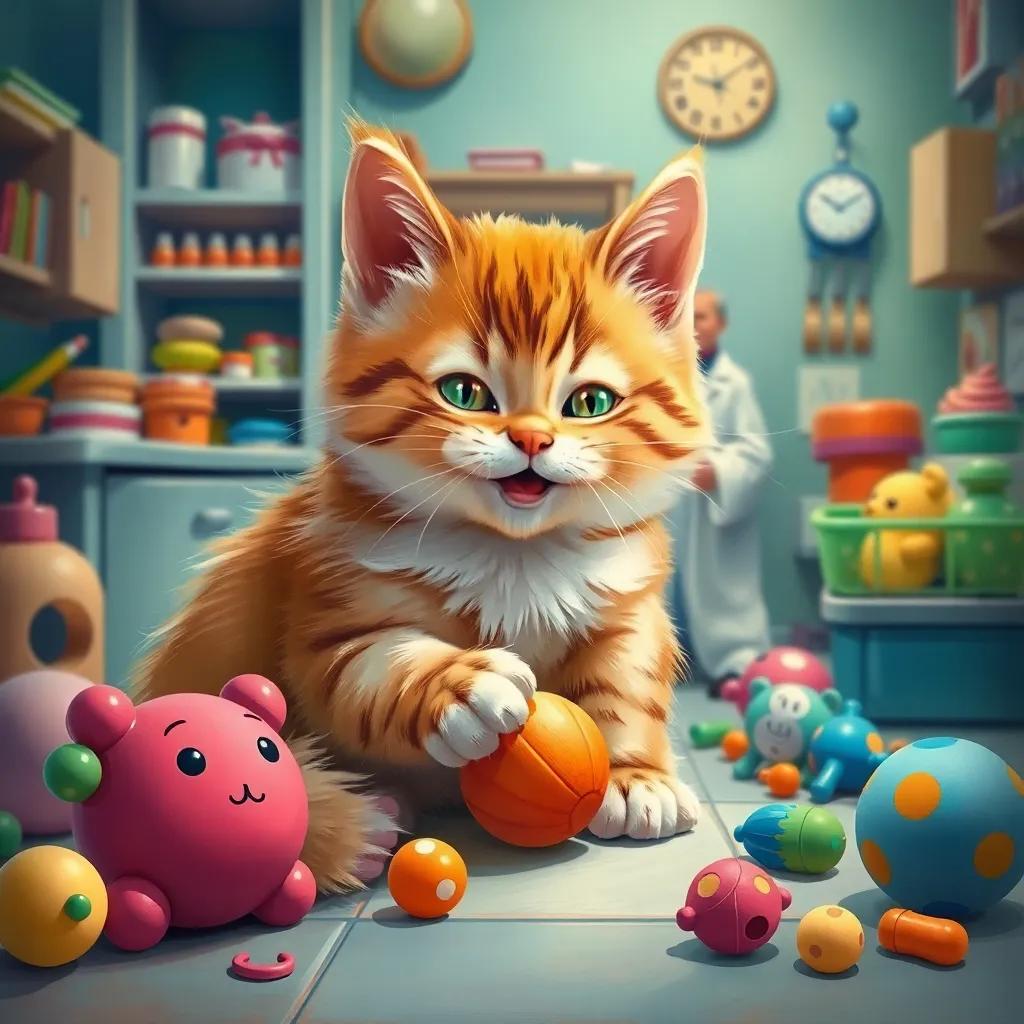 A fluffy cat playing with a small ball, with Walid watching happily in his clinic, colorful toys scattered around, bright and cheerful atmosphere, detailed illustration