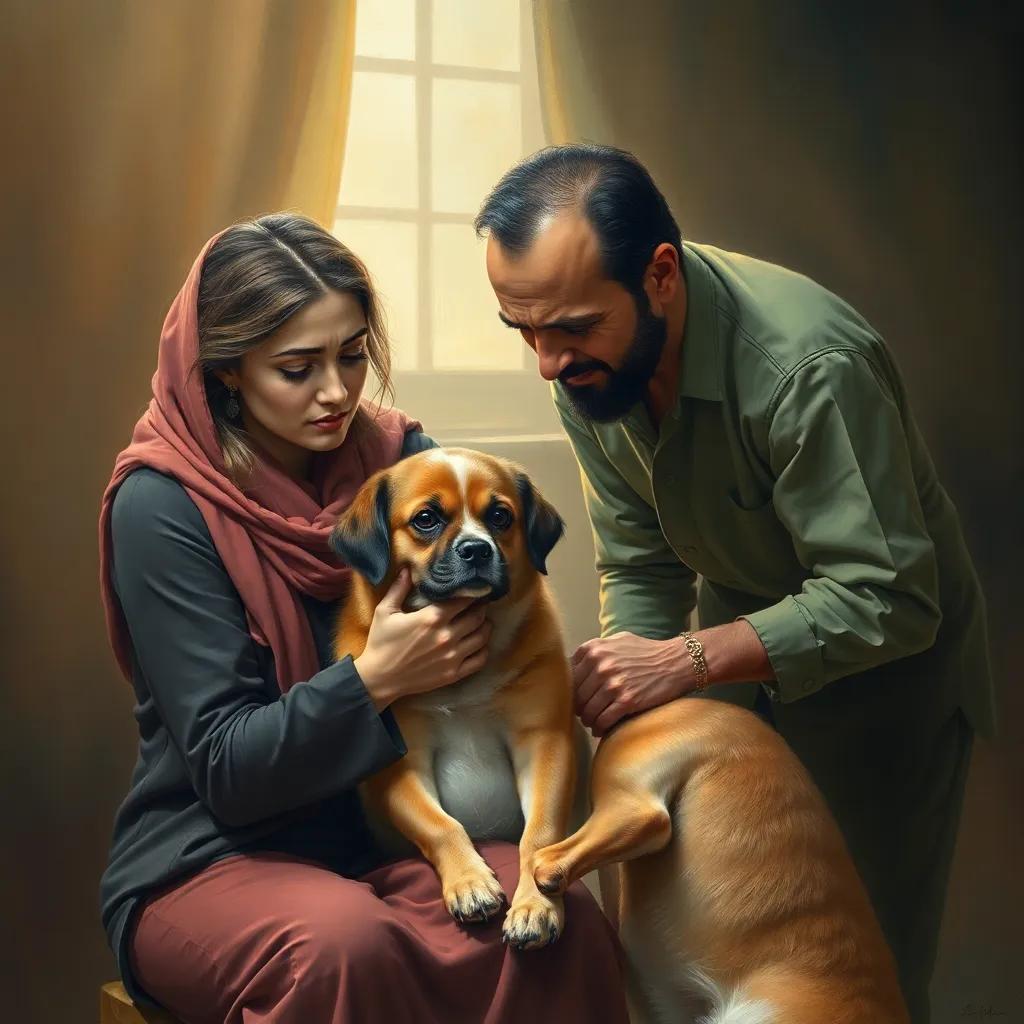 A worried woman holding a sad dog, with Walid bending down to comfort the dog, warm light, soothing environment, loving interaction, friendly style, high quality