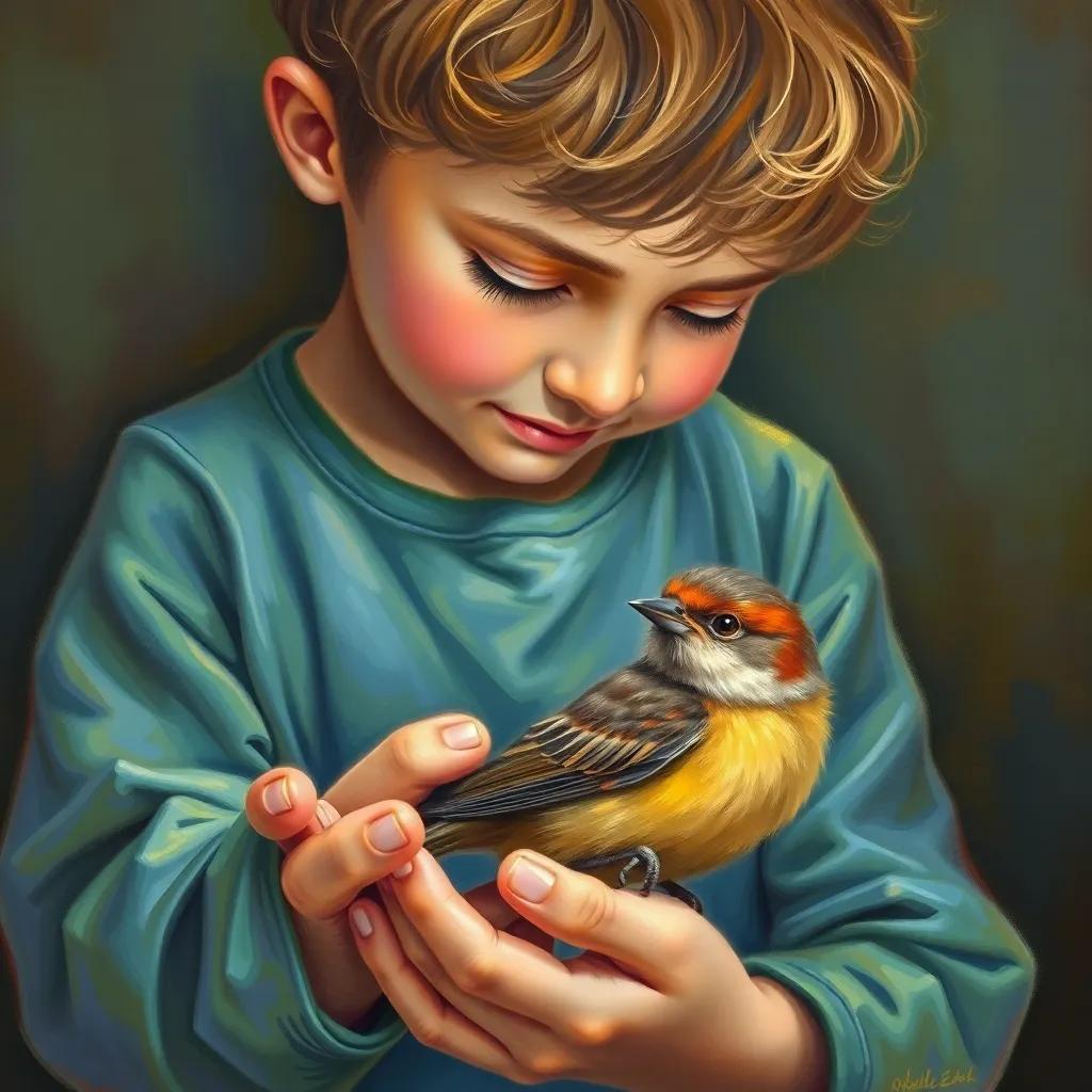 A child holding a small injured bird, with Walid gently treating the bird, vibrant colors, caring expression, nurturing atmosphere, child-friendly art, high quality