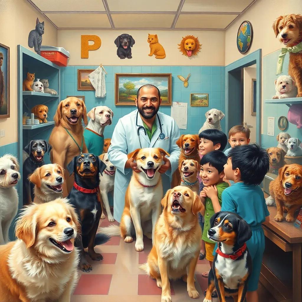 A busy clinic with many happy pets, children waiting and smiling, Walid helping everyone with a beaming smile, colorful, lively scene, inviting atmosphere, high quality