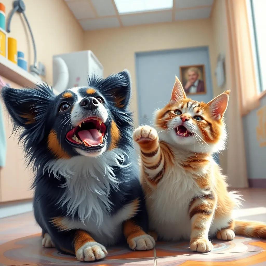 A joyful dog and a happy cat playing together at the clinic, with Walid watching fondly, bright daylight shining in, colorful and cheerful setting, friendly style, high quality