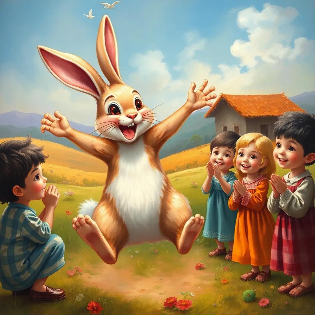 A happy rabbit leaping around after being treated, with Walid smiling and children clapping, warm and joyful scene, colorful landscape, child-friendly art, high quality