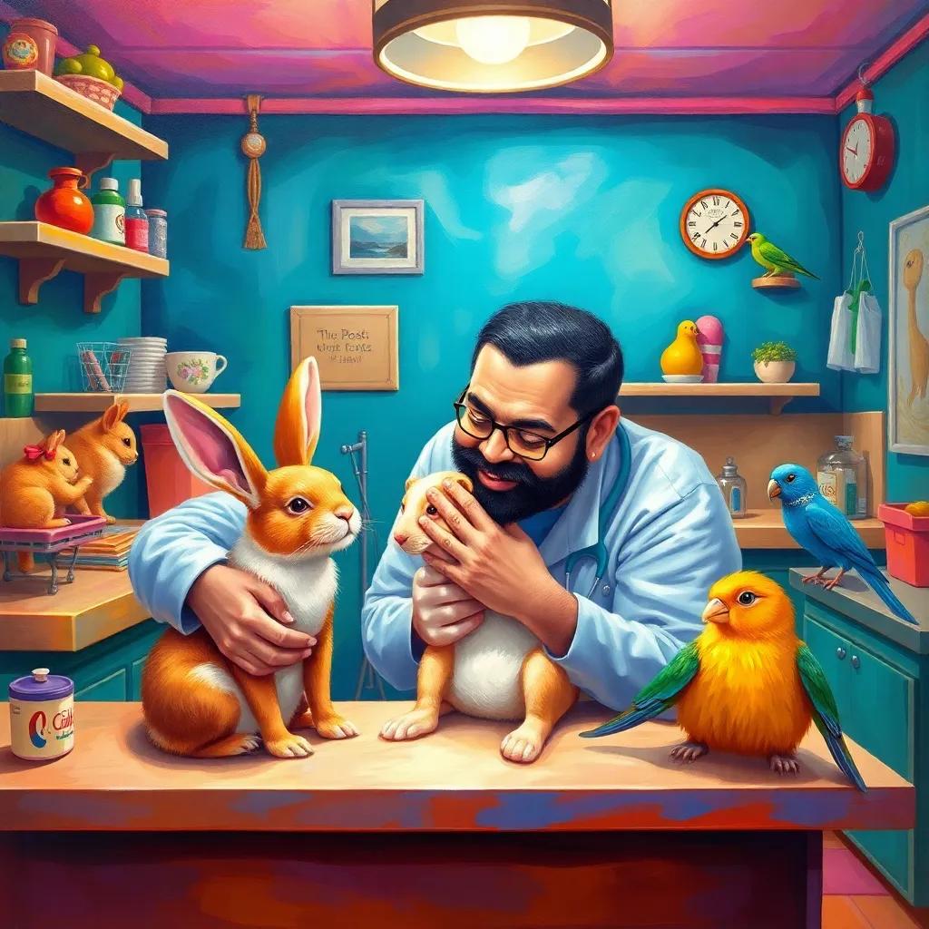 Walid lovingly treating a variety of pets, including a rabbit and a bird, in a colorful clinic filled with vibrant energy, delightful atmosphere, child-friendly art, high quality