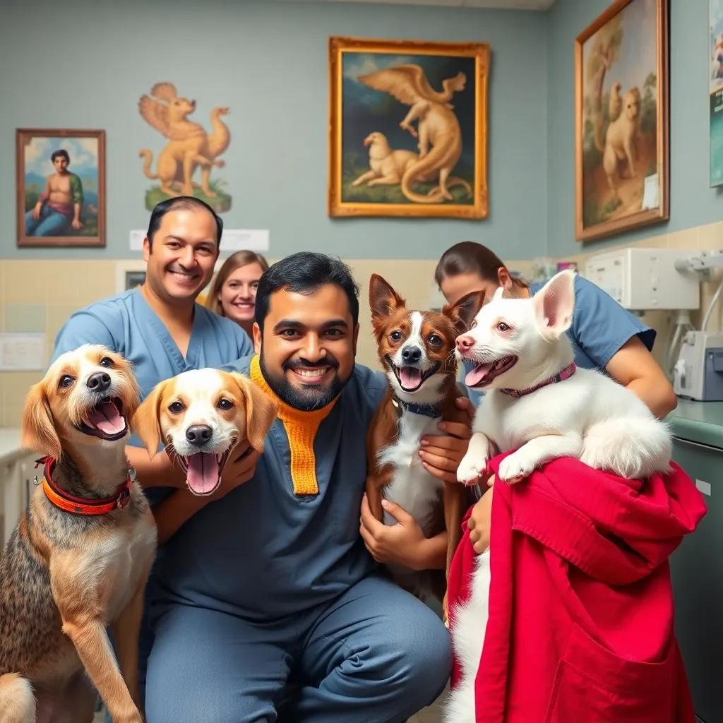 Walid enjoying his time with happy animals in the clinic, with everyone smiling and playing together, bright colors, cheerful environment, friendly style, high quality