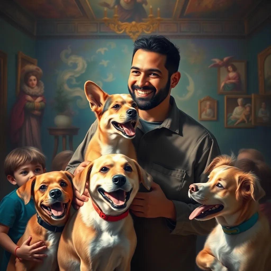 Walid feeling proud of his work with animals, smiling as he sees happy pets and children, warm light, inviting atmosphere, colorful scene, high quality