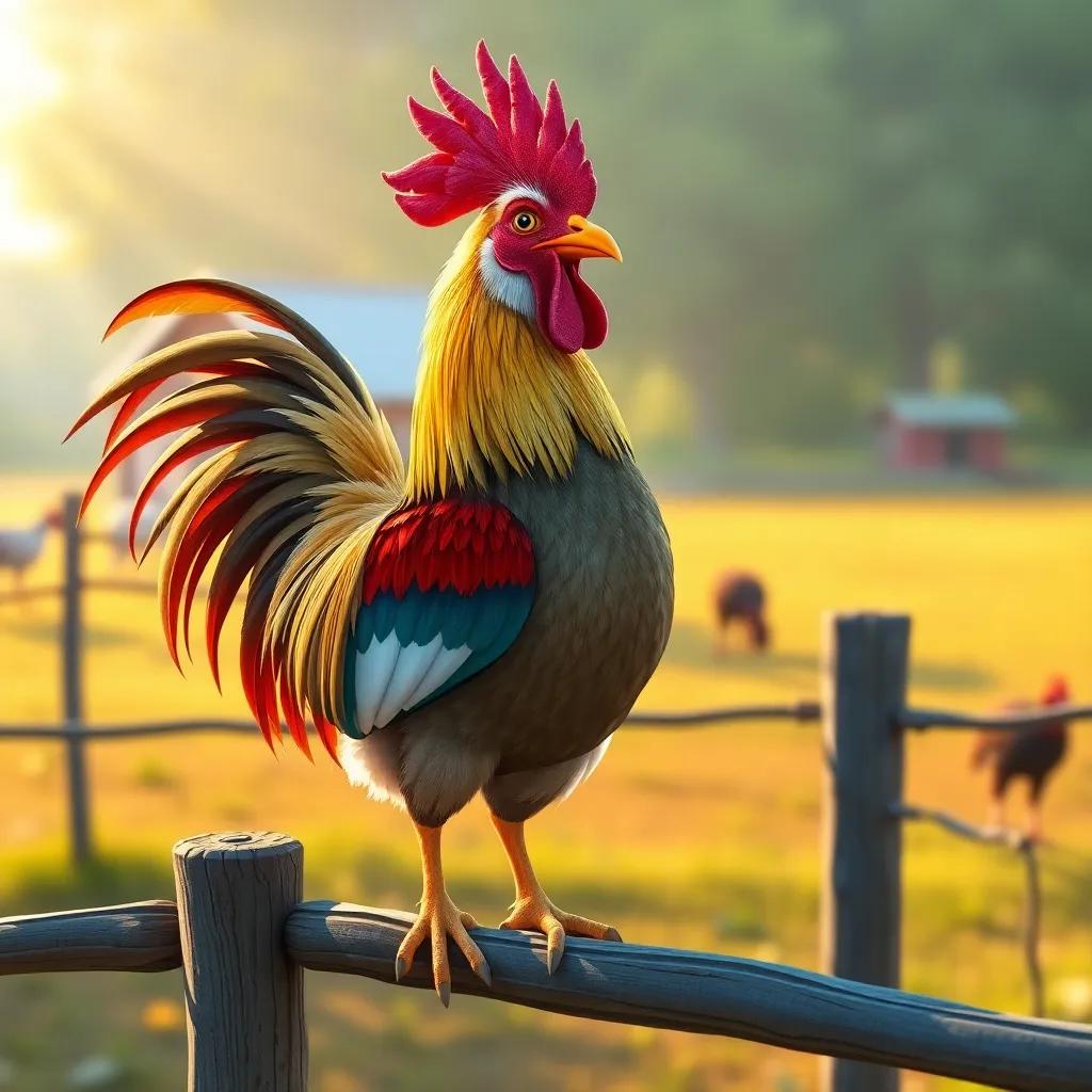 A wise rooster named Shahab, colorful feathers, standing tall on a fence, morning sunlight shining, serene farm background, digital art, warm colors, cheerful atmosphere