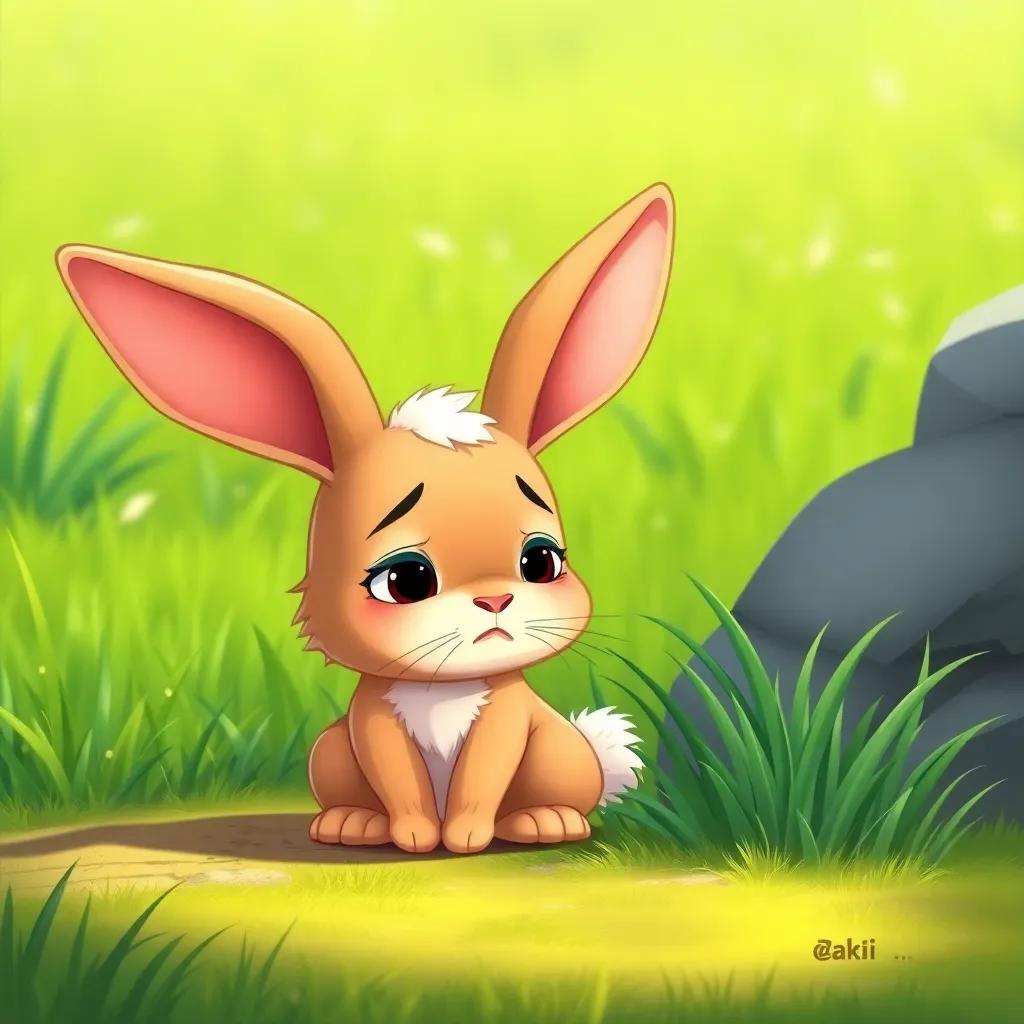 A sad rabbit named Zaki, with big ears and fluffy tail, looking worried next to a patch of grass, lush green field in the background, illustration, comforting environment, bright colors