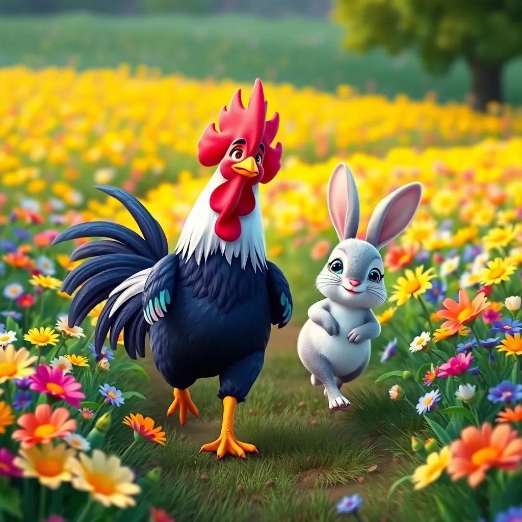 Shahab the rooster leading Zaki the rabbit through a vibrant field, flowers blooming everywhere, showing the way with confidence, happy expressions, child-friendly art