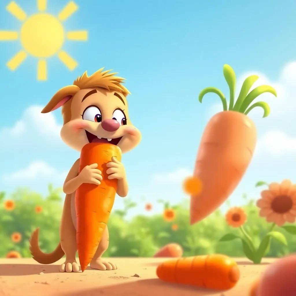 Zaki happily munching on a big, orange carrot, with sunshine and blue skies all around, feeling grateful to Shahab, joyful scene, colorful and inviting