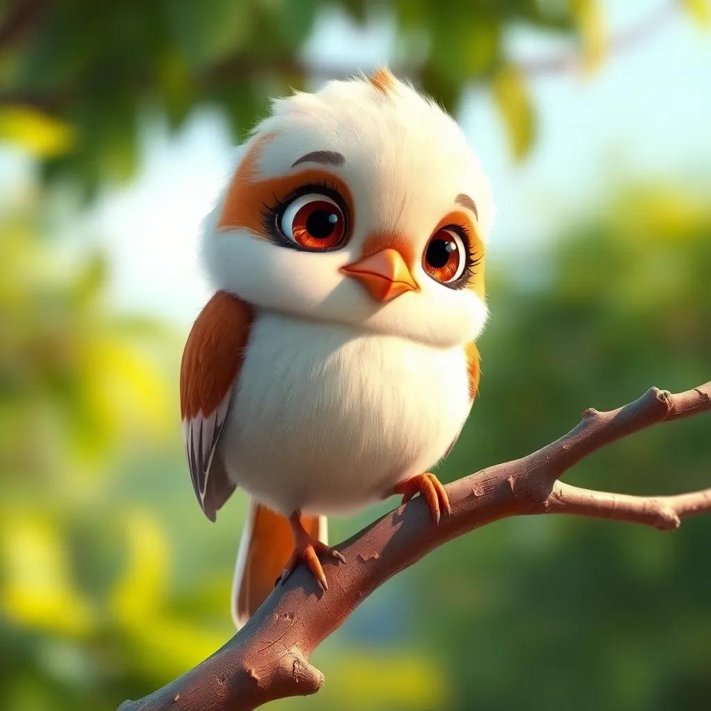 A small bird named Rami, with soft feathers and wide eyes, perched on a branch, looking nervous about flying, detailed digital art, bright nature setting, uplifting mood