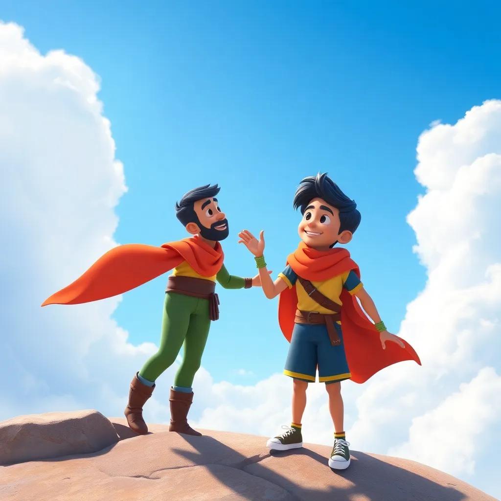 Shahab encouraging Rami to fly, with a blue sky and fluffy clouds in the background, a sense of bravery and inspiration, vibrant, positive energy