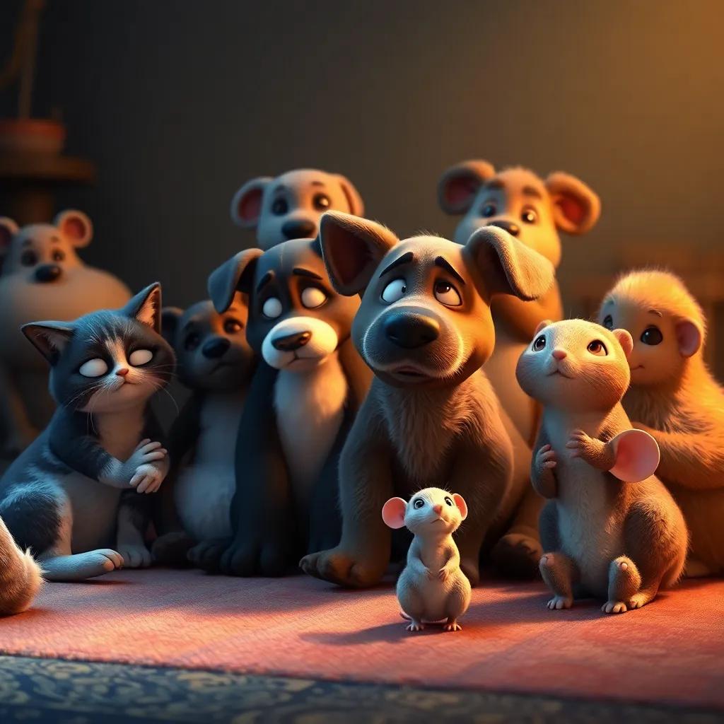 A gathering of various animals including a lost cat, sad dog, and scared mouse, sitting together listening to Shahab, warm light creating a cozy atmosphere, heartwarming