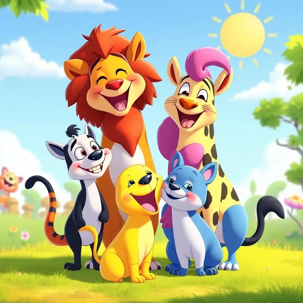 Animals happily working together after learning wisdom, camaraderie, laughter in the air, sunny day, vibrant colors, joyful mood