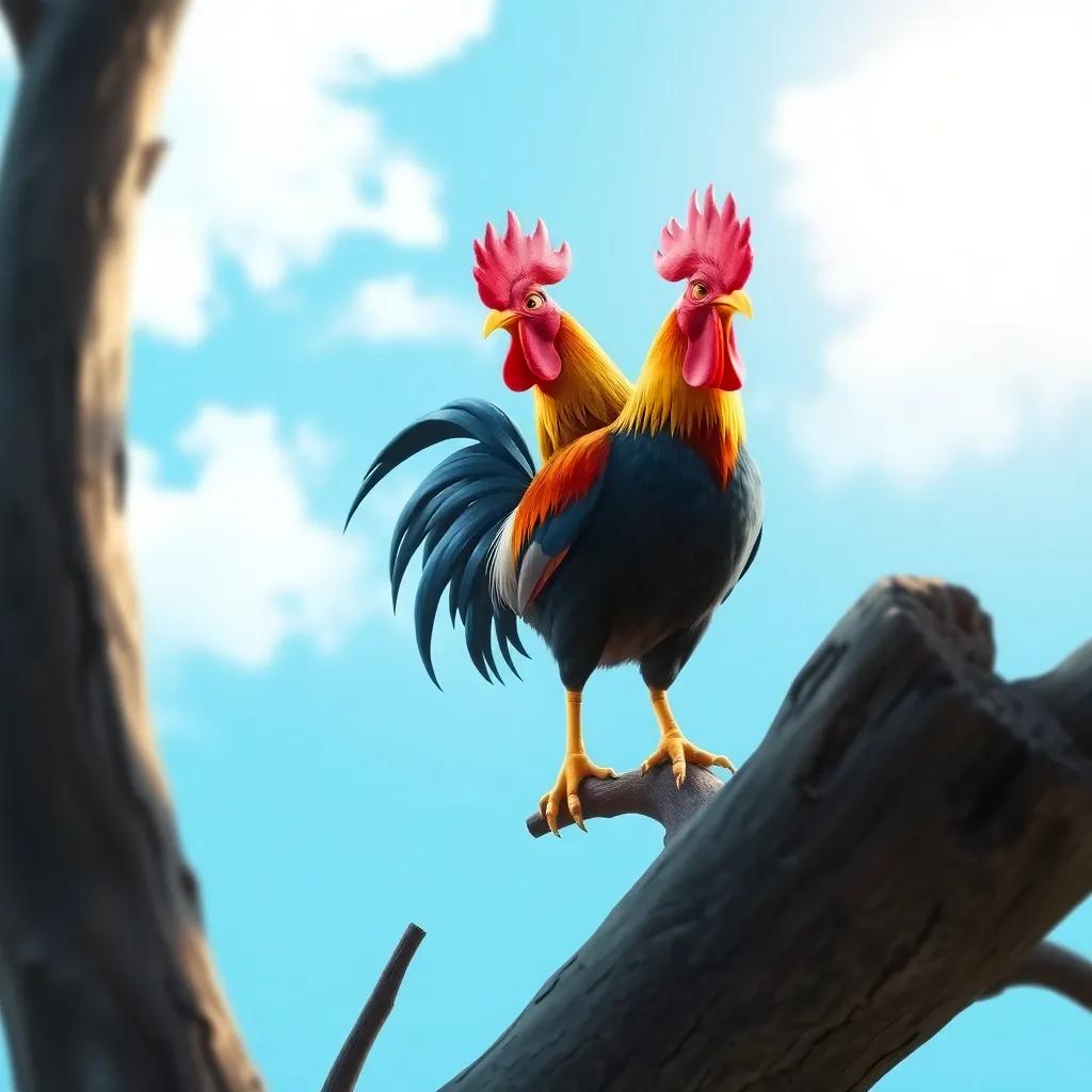 A proud rooster standing on a tall tree branch with a bright blue sky behind, morning light, vibrant colors, cheerful, high quality, digital art