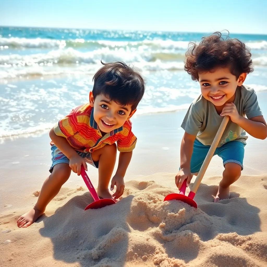 A sunny beach with sparkling waves, two young Arab boys, one named Yaqoub with short dark hair wearing a colorful shirt and shorts, and the other named Said with curly hair in a t-shirt, excitedly searching the sand with shovels, digital art, vibrant colors, cheerful atmosphere, high quality