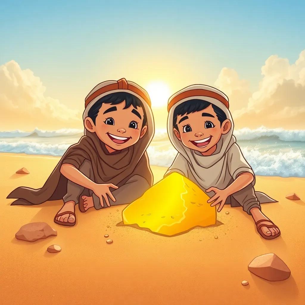 Yaqoub and Said, two young Arab boys, with joyful expressions, digging in the sandy beach, uncovering a shiny large piece of gold, the sun shining brightly and waves crashing in the background, illustration, warm light, adventurous scene, child-friendly
