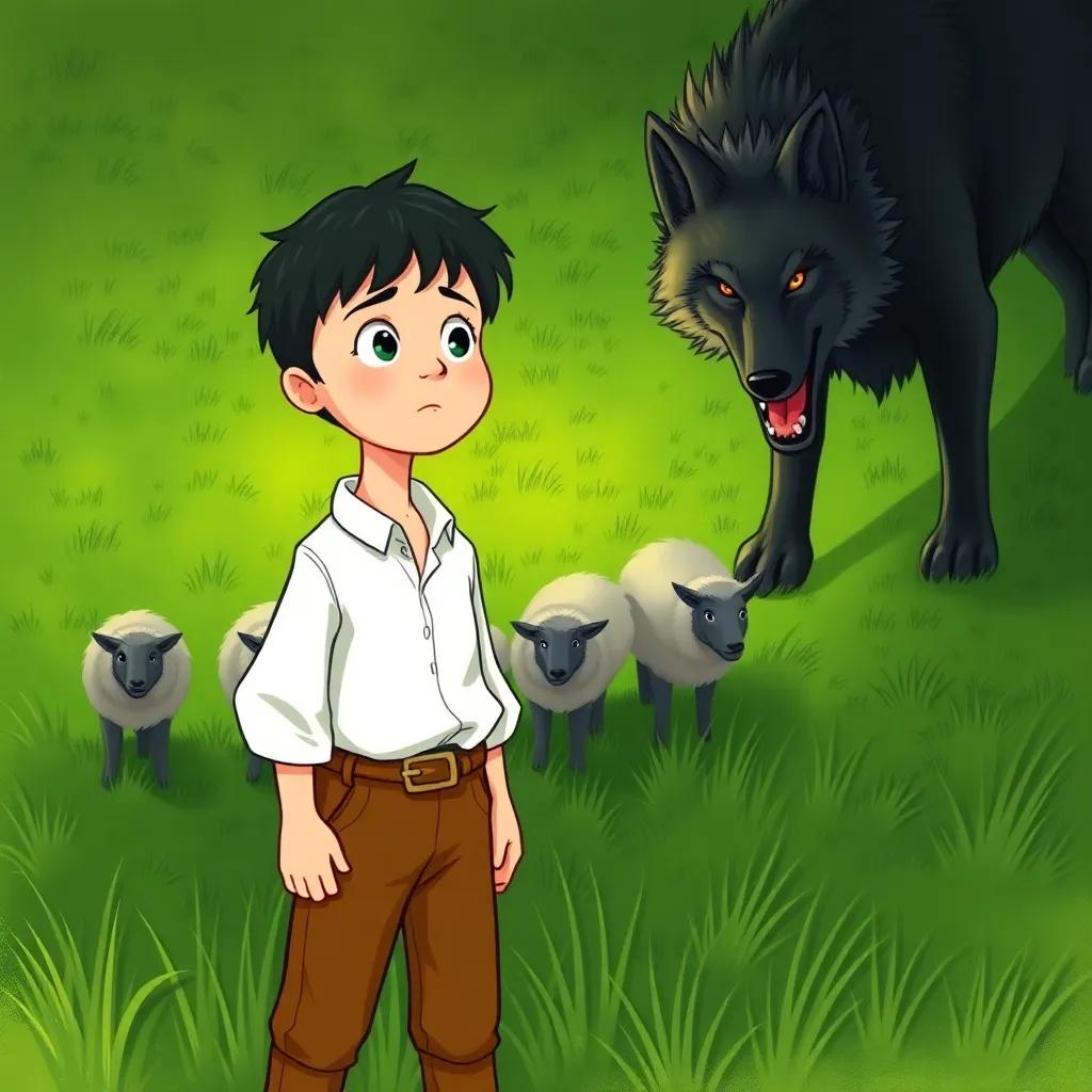 A young shepherd, with short dark hair, wearing a simple white shirt and brown pants, looking scared as a big wolf approaches the flock, green pasture, intense atmosphere, bright light, dramatic, high quality