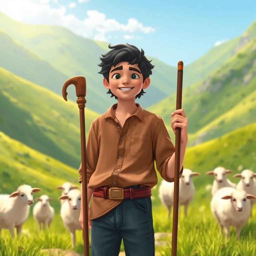A young Arab shepherd, Samer, with dark hair, wearing a simple brown shirt and jeans, holding a staff, in green mountains with sheep around, cheerful atmosphere, bright sunlight, detailed, vibrant, warm colors, storybook illustration, high quality