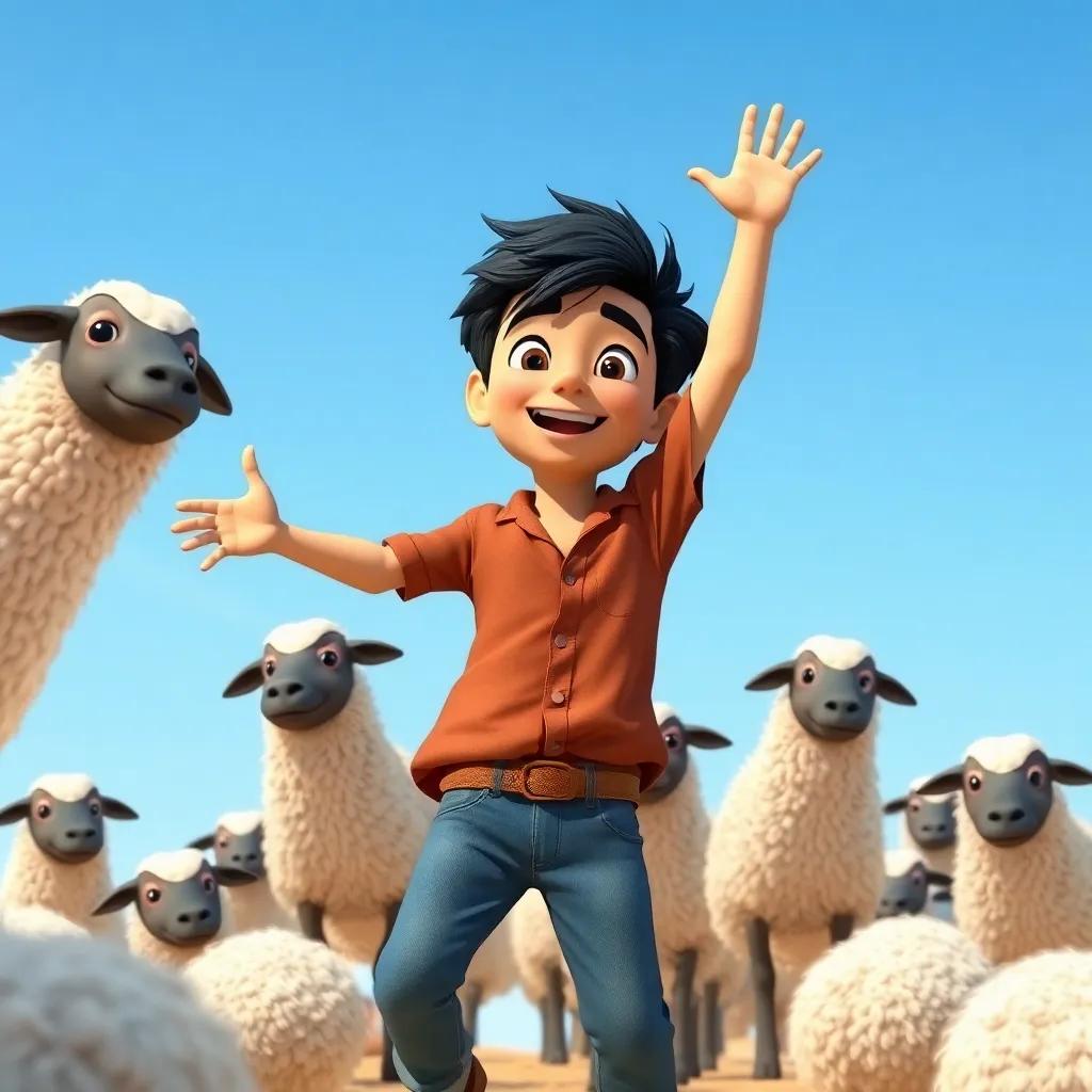 A young Arab shepherd, Samer, with dark hair, dancing joyfully, wearing a simple brown shirt and jeans, surrounded by scared sheep, under a clear blue sky, playful and imaginative, bright colors, child-friendly, high quality