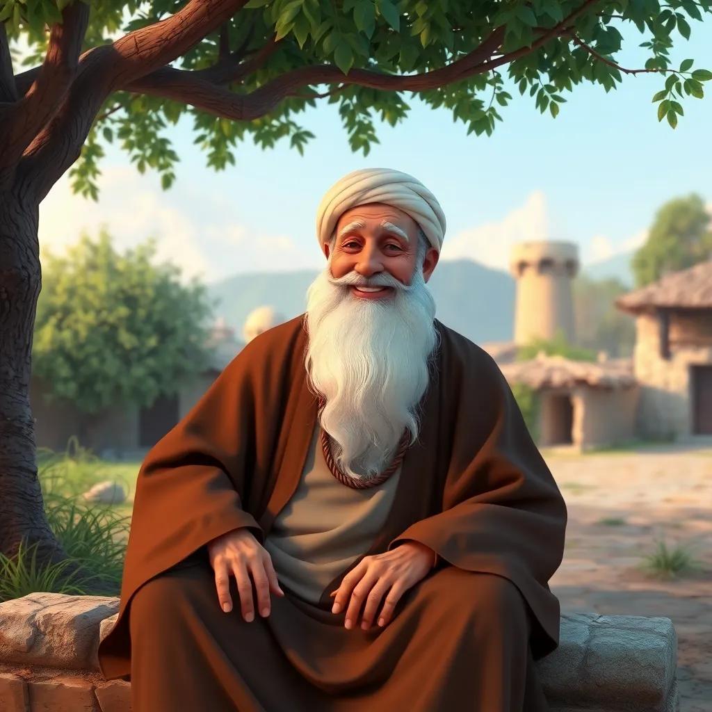 A wise old man, Sheikh Omar, with a long white beard and traditional robes, sitting peacefully under a tree in a small village, smiling gently, digital art, warm color palette, serene atmosphere, inviting scene, high quality
