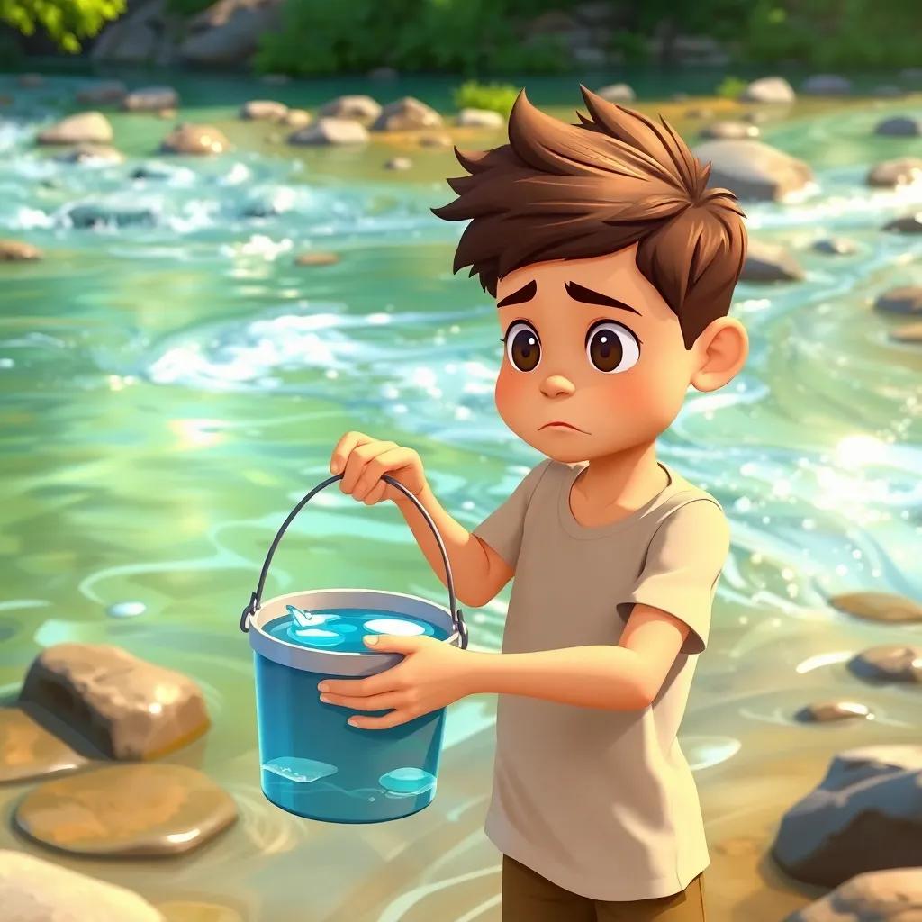A young man, looking frustrated, standing beside a flowing river holding a bucket filled with clear water, sunlight glistening on the water, illustration, vibrant colors, engaging, child-friendly, high quality
