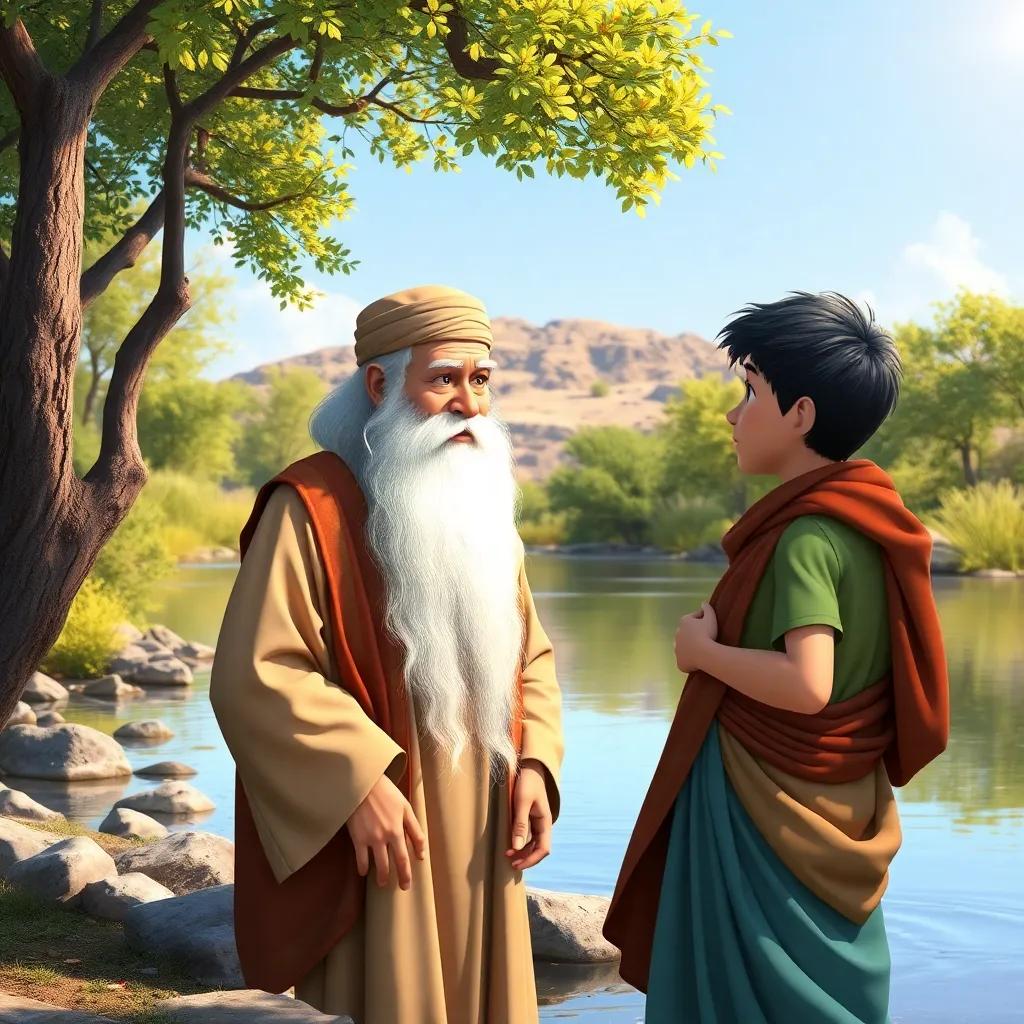 Sheikh Omar, with a long white beard wearing traditional robes, talking calmly to the young man beside the river, surrounded by nature's beauty, rich colors, cheerful light, engaging, interactive scene, high quality