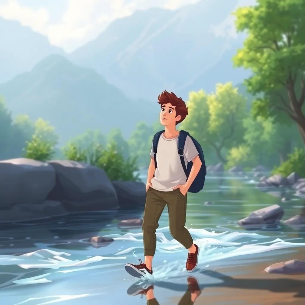 The young man walking along the river, with flowing water and trees around him, feeling relaxed and thoughtful, illustration, soft colors, peaceful scenery, inviting atmosphere, high quality