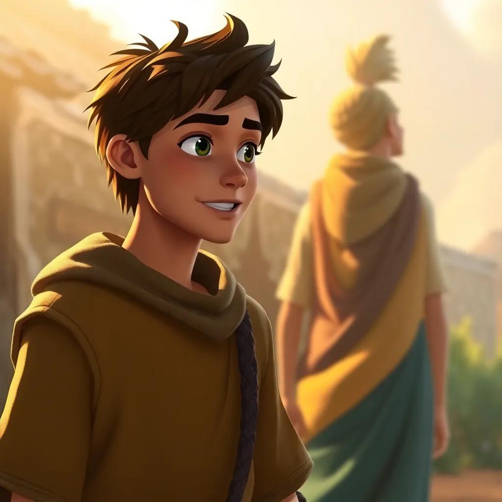 The young man returning to the village, confidently speaking to the person who wronged him, with calm expressions, warm light, friendly colors, high quality, engaging scene