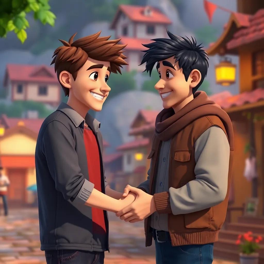 The young man and the person he confronted are shaking hands, smiling at each other in a warm embrace, village background, colorful atmosphere, high quality, inviting scene
